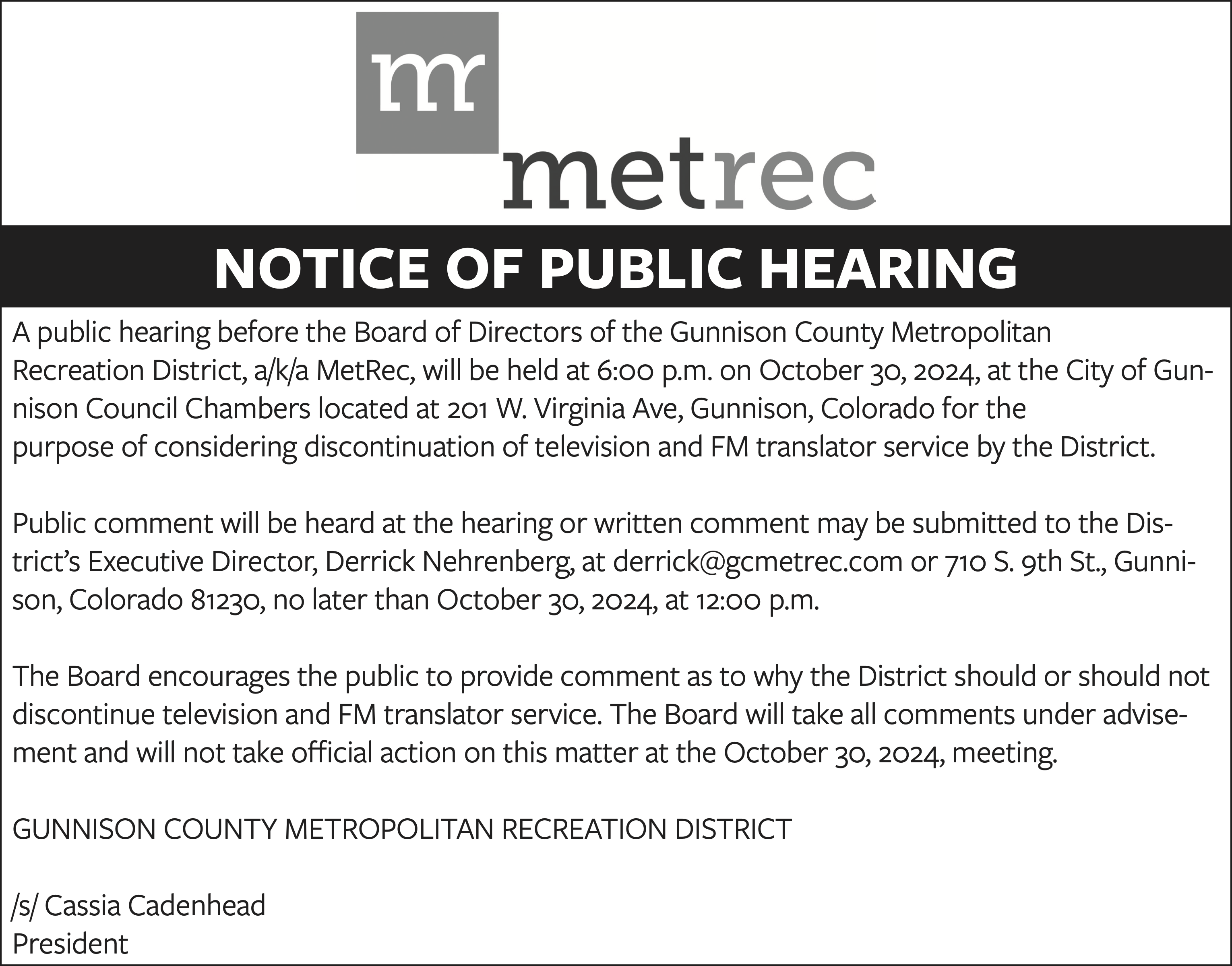 Notice of Public Hearing