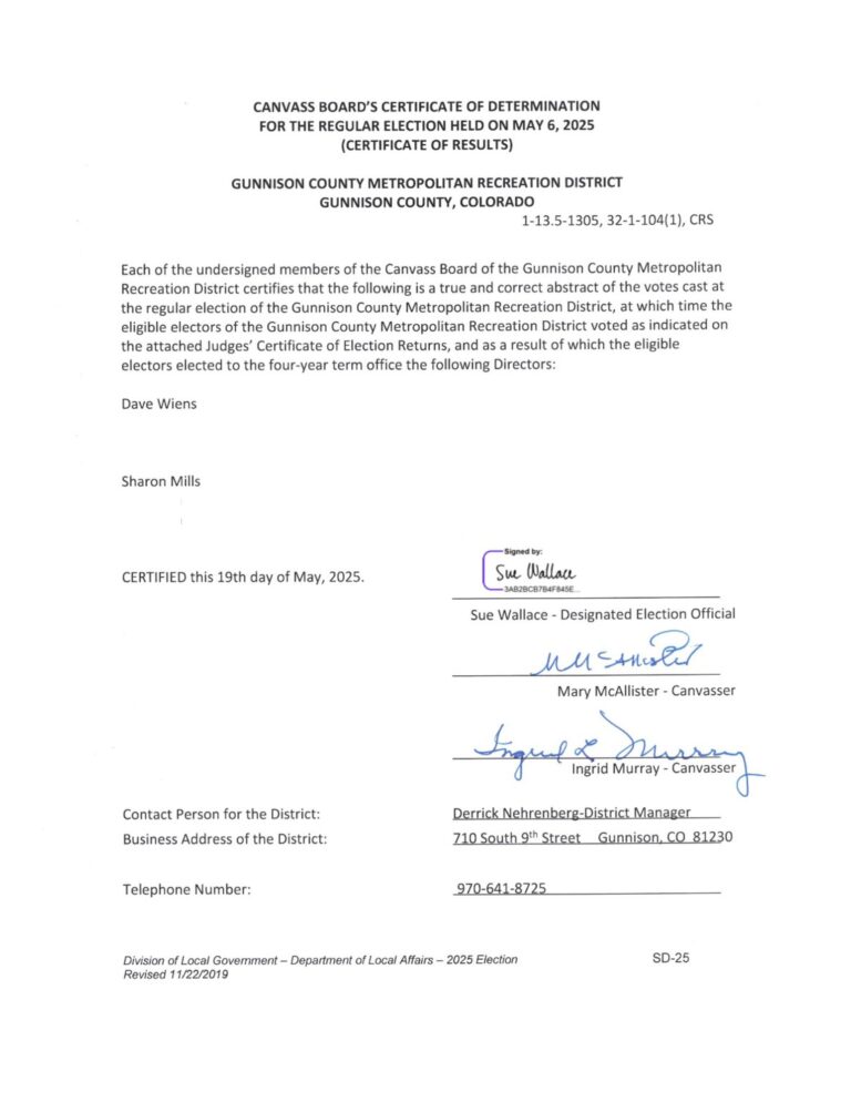 Signed copy of the Canvass Boards’ Certification of determination for the regular election held on May 6, 2025, for the Gunnison County Metropolitan Recreation District. Signed on May 19, 2025 by Sue Wallace, Designated Election Official; Mary McAllister, Canvasser; and Ingrid Murray, Canvasser.