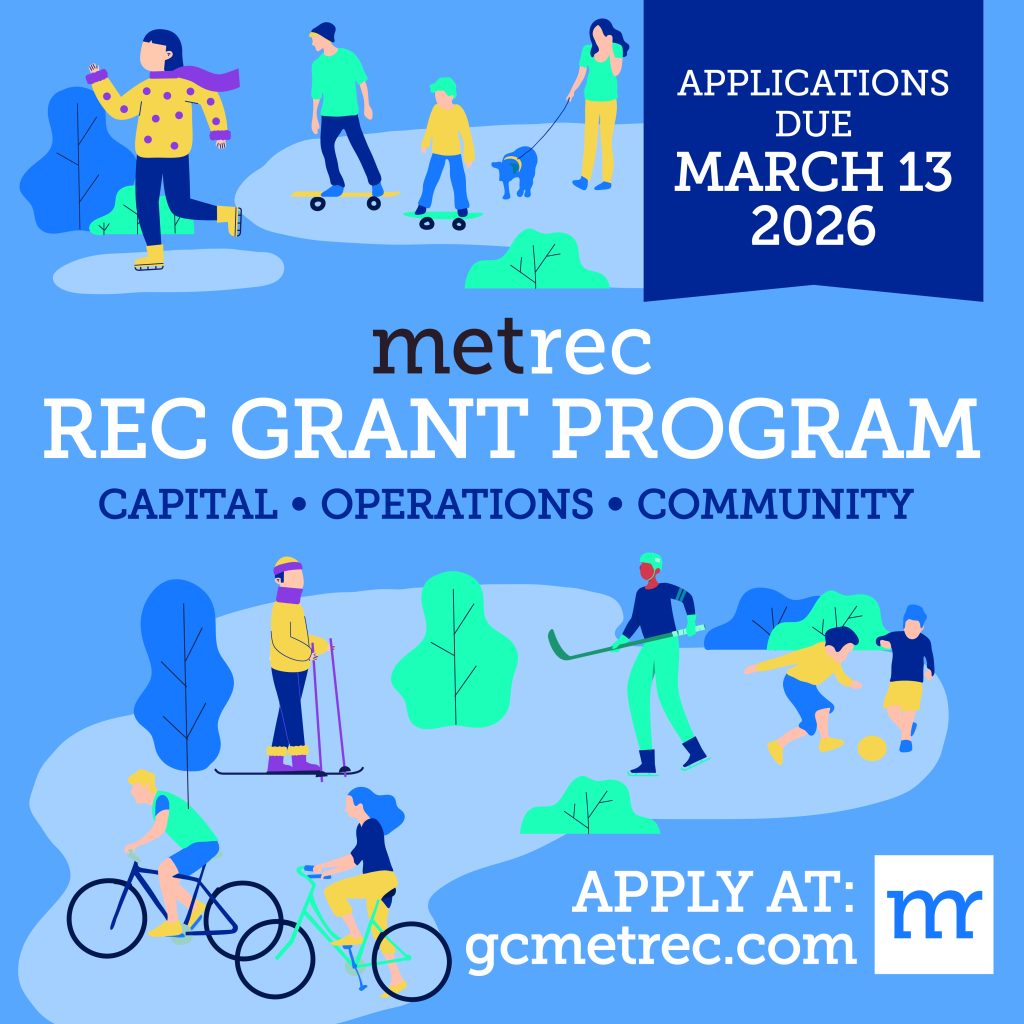 promotional image advertising the MetRec Recreation Grant Program. Applications open March 13, 2026
