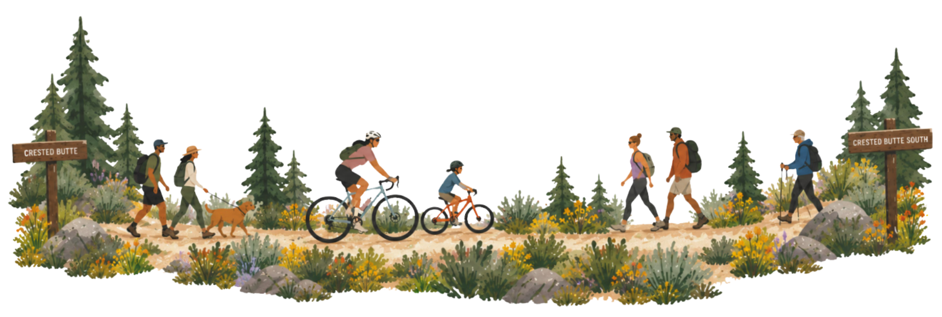 illustration of pedestrians and bikers using a path. signs say "crested butte" and "crested butte south"